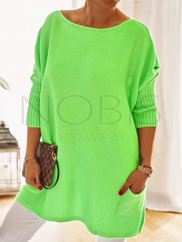 Luźny sweter oversize  z kieszeniami kolor zielony neon