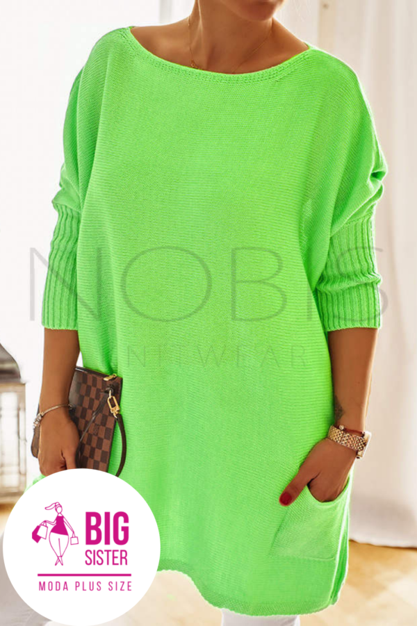 Luźny sweter oversize  z kieszeniami kolor zielony neon