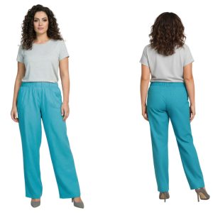 Spodnie letnie lniane CEVLAR - prosta nogawka, kolor turkus