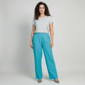 Spodnie letnie lniane CEVLAR - prosta nogawka, kolor turkus