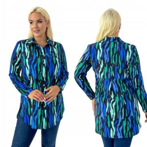 Długa elegancka koszula SANDRA wzór farby chaber zielone rozmiar 56