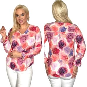 Elegancka bluzka wzór róża morela rozmiar 54