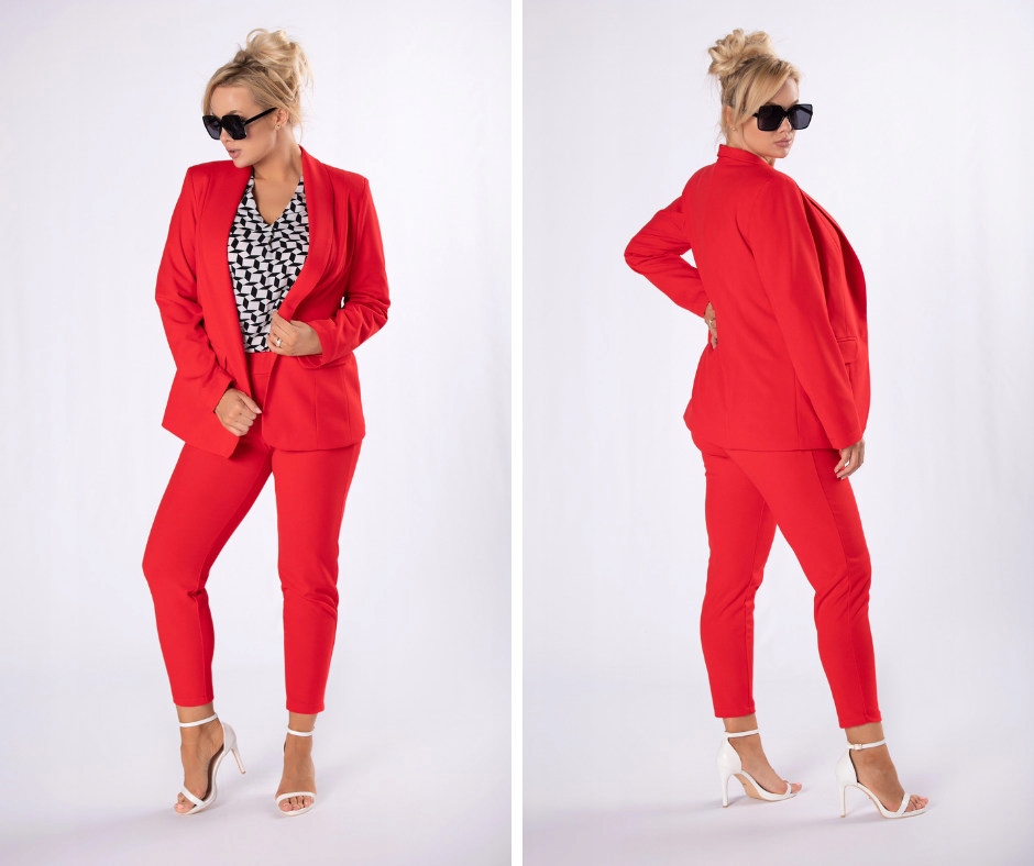 Elegancki garnitur damski JUSPOL kolor czerwony plus size rozmiar 52 - obrazek 6