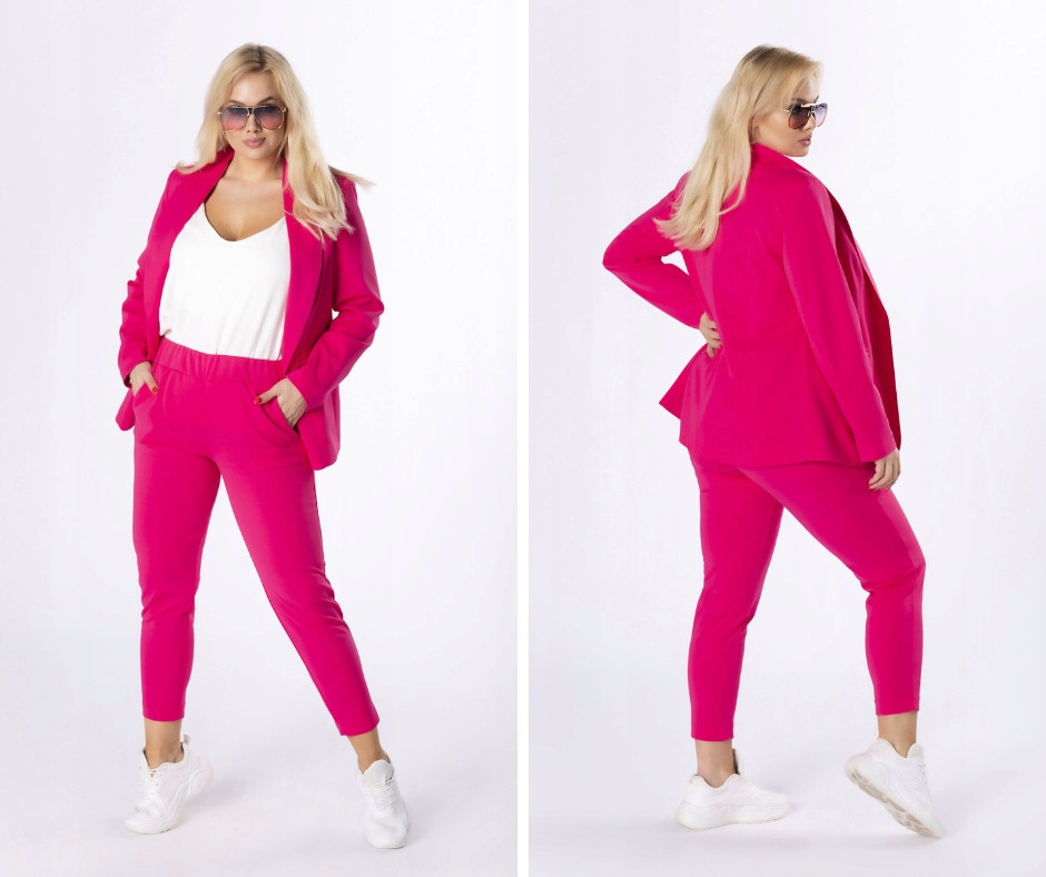 Elegancki garnitur damski JUSPOL kolor fuksja plus size rozmiar 52 - obrazek 6