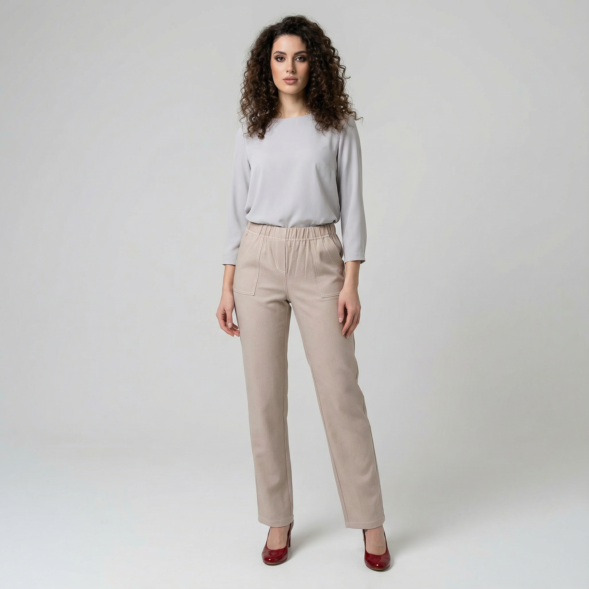 Spodnie letnie lniane CEVLAR regular kolor beżowy rozmiar 42-58 - obrazek 3